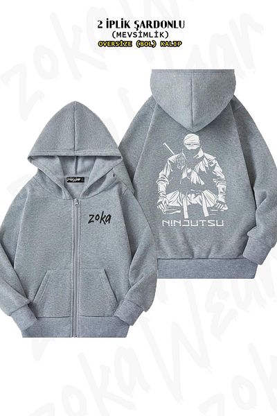 ZOKAWEAR Μοτίβο Ninjutsu Ninja - Γκρι ζακέτα με φερμουάρ και κουκούλα (2 νήματα)