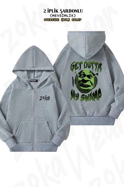 ZOKAWEAR Oversize Shrek Get Outta My Swamp Big Face Back με φερμουάρ με κουκούλα γκρι ζακέτα (2 κλωστές)