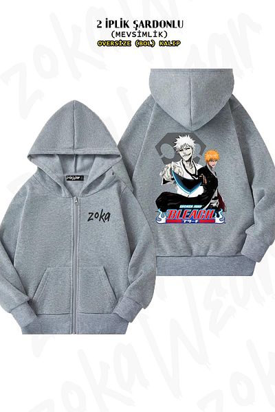 ZOKAWEAR Oversize Bleach Ichigo Kurosaki (Vasto Lorde) Back Printed Zip-Up Hooded Gray Cardigan (2 Thread)