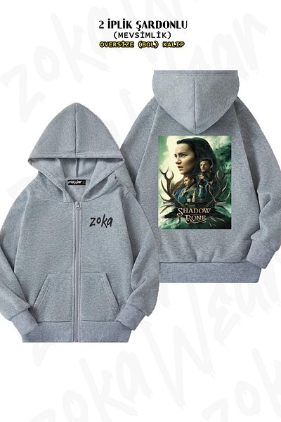 ZOKAWEAR Oversize Shadow And Bone Antler Group Back Printed Zipper Hooded Grey Cardigan (2 νήματα)