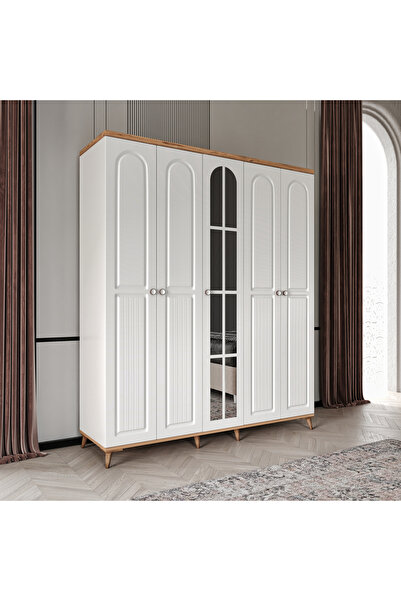 GuneyStore Ücretsiz Montaj Komple MDF Bohem 5 Kapaklı Aynalı Gardırop - Elbise Dolabı