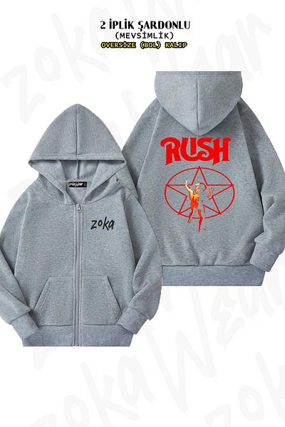 ZOKAWEAR Oversize Rush Back Printed Zipper Hooded Grey Cardigan (2 νήματα)
