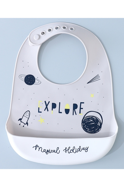 Fab N Funky Space Print Silicone Bib - Water-Repellent, Ultra-Absorbent, Durable, Round Neck, Grey for 0+ Months