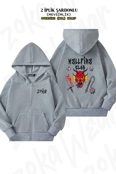ZOKAWEAR Oversize Hellfire Club3 Back Printed με φερμουάρ και κουκούλα γκρι ζακέτα (2 κλωστές)