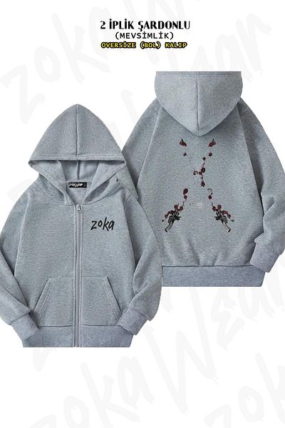 ZOKAWEAR Attack On Titan Grey Oversize Cardigan - Ροζ σπαθί, στάμπα στην πλάτη, φερμουάρ και κουκούλα (2 κλωστές)