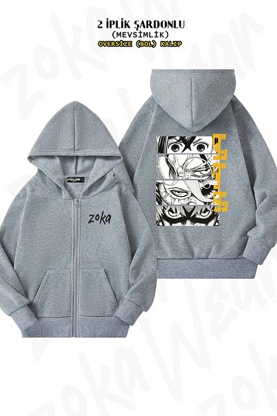 ZOKAWEAR Γκρι Oversize Dandadan Eyes W Kaji - Ζακέτα με κουκούλα με φερμουάρ στην πλάτη (2 κλωστές)