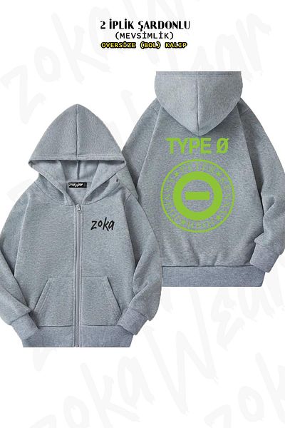 ZOKAWEAR Oversize Type O Negative Back Printed Zipper Hooded Grey Cardigan (2 νήματα)