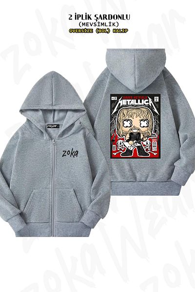 ZOKAWEAR Metallica U2 Back Printed - Γκρι ζακέτα με κουκούλα με φερμουάρ (2 κλωστές)