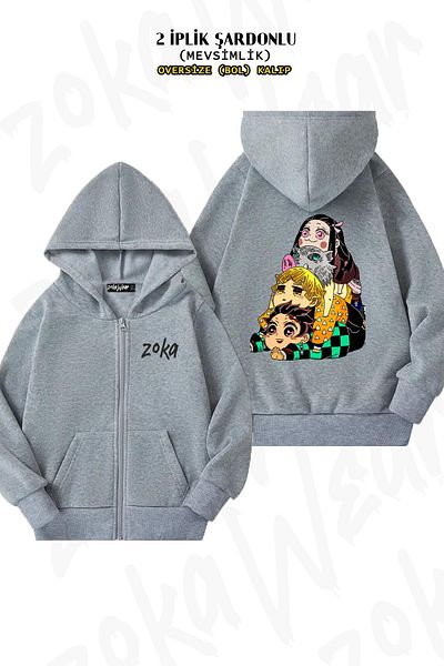 ZOKAWEAR Demon Slayer X1 Grey Oversize Cardigan - Back Print, Zip and Hoodie (2 Thread)