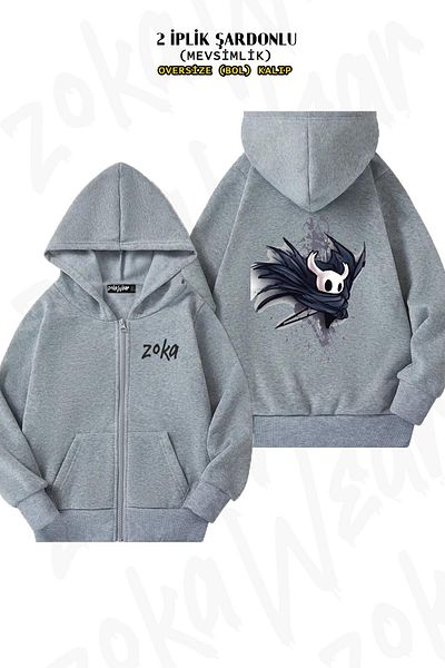 ZOKAWEAR Ζακέτα Hollow Knight Back Printed Grey Oversize - με φερμουάρ και κουκούλα (2 κλωστές)