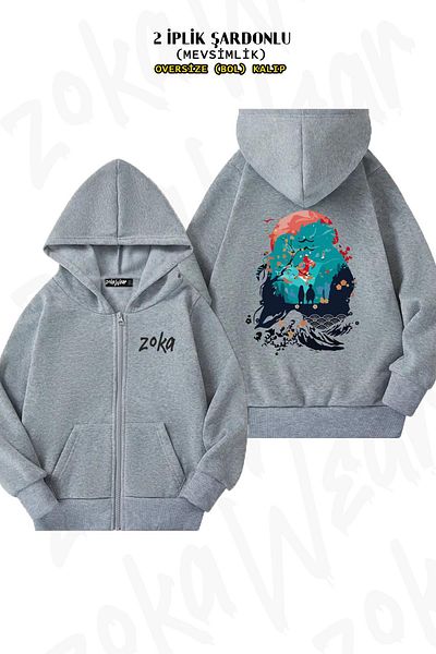 ZOKAWEAR Oversize Demon Slayer x2 Πίσω στάμπα με φερμουάρ και γκρι ζακέτα (2 κλωστές)
