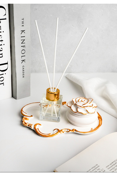 LALEZEN HOME Gold Detaylı Sunum Tepsi Gül Kutu Oda kokusu set