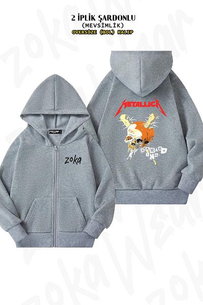 ZOKAWEAR Metallica v6 Back Printed - Γκρι ζακέτα με κουκούλα με φερμουάρ (2 κλωστές)