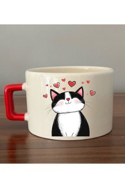 lili hediyelik Cat Printed Birthday Gift - Cute Coffee Cup Mug Cup with Heart