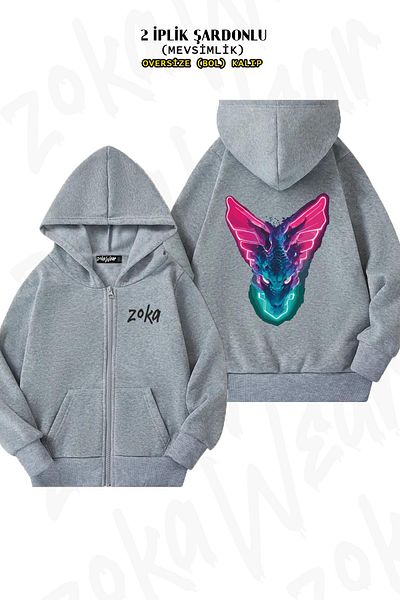 ZOKAWEAR Ζακέτα Dragon V8 Grey Oversize - Πίσω στάμπα με φερμουάρ και κουκούλα (2 κλωστές)