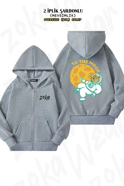 ZOKAWEAR Oversize To The Moon Dogecoin πίσω με φερμουάρ με κουκούλα γκρι ζακέτα (2 κλωστές)