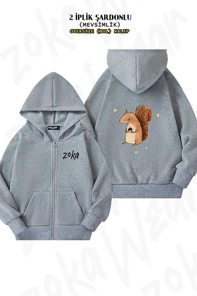 ZOKAWEAR Oversize Sarah The Squirrel Back Printed Zipper Hooded Grey Cardigan (2 κλωστές)