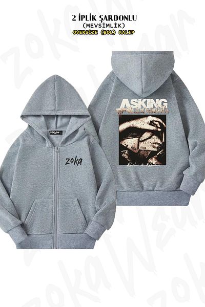 ZOKAWEAR Oversize Asking Alexandria Back Printed Zipper Hooded Grey Cardigan (2 νήματα)
