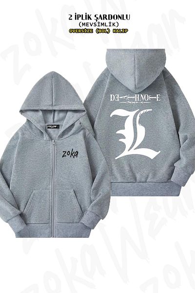 ZOKAWEAR Death Note Oversize Grey Cardigan - Hoodie, Zipper, Printed Back (2 νήματα)