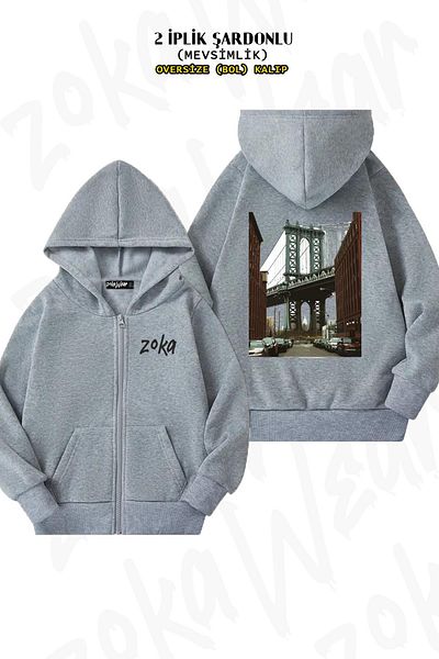 ZOKAWEAR Μοτίβο Brooklyn Bridge - Γκρι υπερμεγέθη ζακέτα με φερμουάρ και κουκούλα (2 κλωστές)