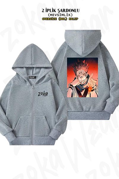 ZOKAWEAR Ζακέτα Jujutsu Kaisen Sukuna Ryomen V3 Grey Oversize Hooded - Πίσω στάμπα, με φερμουάρ (2 κλωστές)