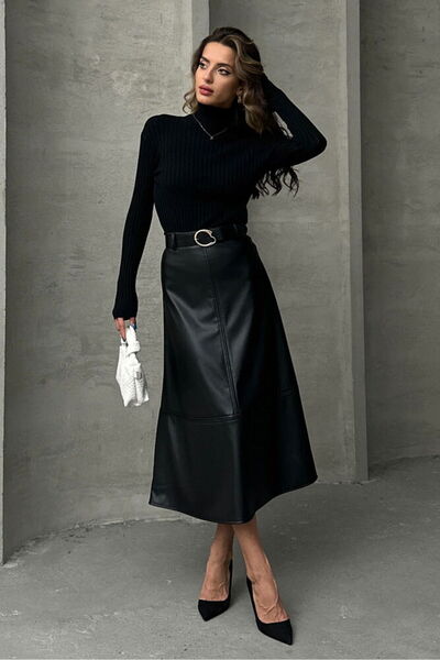 VERYMODA Leather Belted Skirt - Black |   F1810