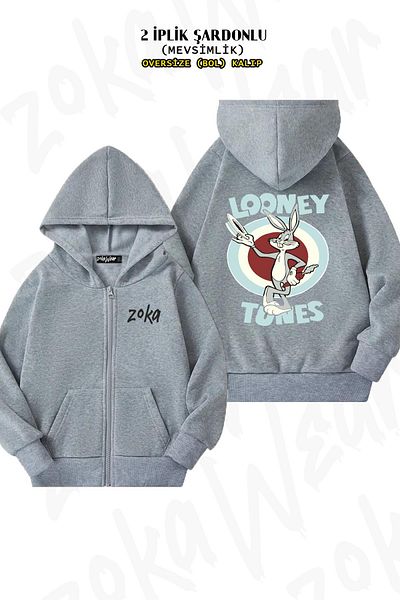 ZOKAWEAR Υπερμεγέθη γκρι ζακέτα με σχέδιο Bugs Bunny - Πίσω στάμπα, φερμουάρ, κουκούλα (2 κλωστές)