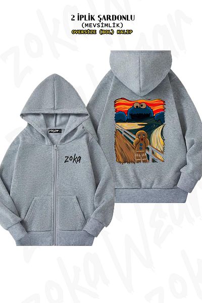 ZOKAWEAR Oversize Cookie Monster Back Printed με φερμουάρ και κουκούλα γκρι ζακέτα (2 κλωστές)