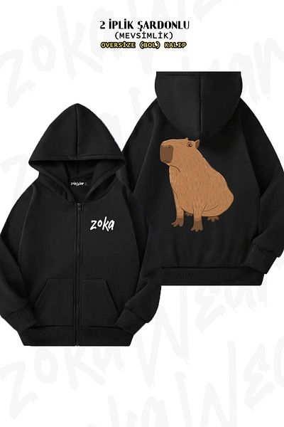 ZOKAWEAR Capybara v2 Back Printed - Μαύρη ζακέτα με κουκούλα με φερμουάρ (2 κλωστές)