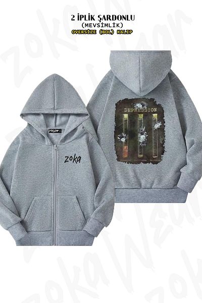 ZOKAWEAR Grey Oversize Cardigan - Depression Formula, Back Print, Zipper and Hoodie (2 Thread)