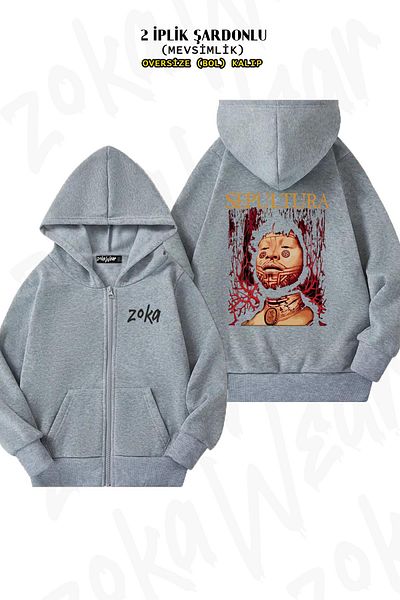 ZOKAWEAR Sepultura Printed Oversize Grey Cardigan - Φερμουάρ και κουκούλα (2 κλωστές)