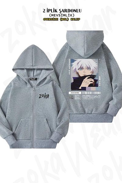 ZOKAWEAR Υπερμεγέθη Jujutsu Kaisen Satoru Gojoo πίσω με φερμουάρ με κουκούλα γκρι ζακέτα (2 κλωστές)