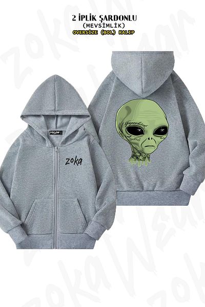 ZOKAWEAR Oversize Alien 2 Back Printed με φερμουάρ και κουκούλα γκρι ζακέτα (2 κλωστές)
