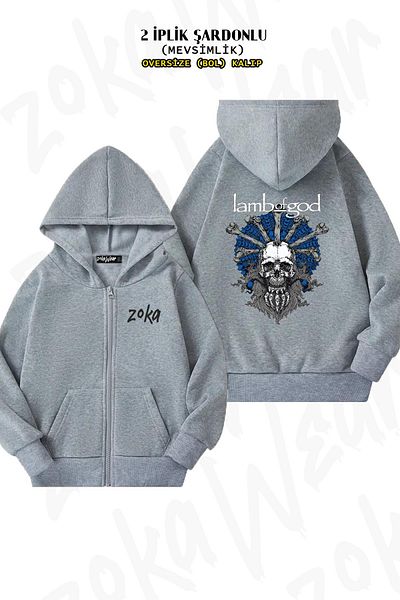 ZOKAWEAR Lamb Of God Printed Oversize Grey Cardigan - Φερμουάρ και κουκούλα (2 κλωστές)