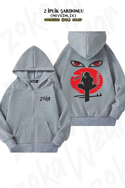 ZOKAWEAR Uchiha Itachi 3 - Γκρι ζακέτα με φερμουάρ και κουκούλα (2 κλωστές)
