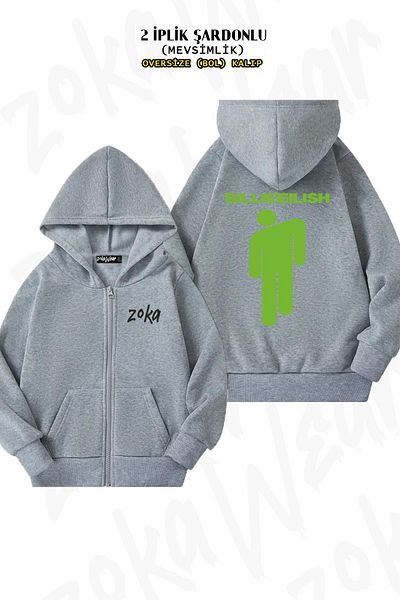 ZOKAWEAR Зелено-сив кардиган Billie Eilish - голям размер, щампа на гърба, цип, качулка (2 прежди)
