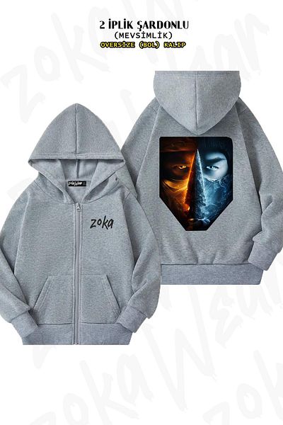 ZOKAWEAR Oversize Mortal Kombat 2 Back Printed με φερμουάρ και κουκούλα γκρι ζακέτα (2 κλωστές)