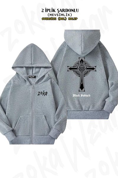 ZOKAWEAR Sabbath Cross Print - Γκρι ζακέτα με φερμουάρ και κουκούλα (2 κλωστές)