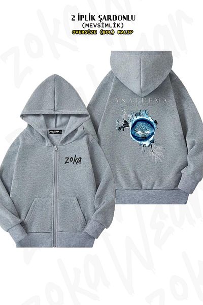 ZOKAWEAR Oversize Weather Systems Anathema Back Printed Zipper Hooded Grey Cardigan (2 νήματα)