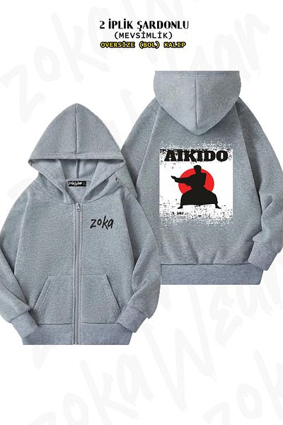 ZOKAWEAR Japan Aikido Martial Arts MMA Kung Fu Grey Cardigan - Υπερμεγέθη, στάμπα στην πλάτη, φερμουάρ και κουκούλα (2 κλωστές)