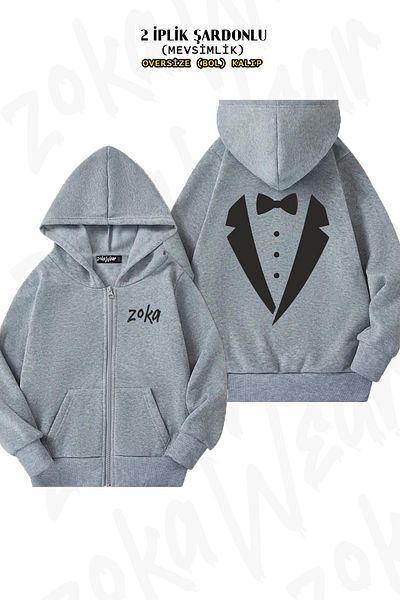 ZOKAWEAR Υπερμεγέθη σμόκιν με φερμουάρ στην πλάτη με κουκούλα γκρι ζακέτα (2 κλωστές)