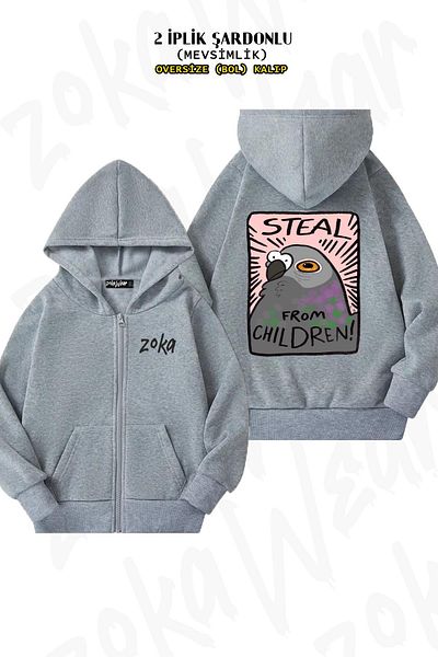 ZOKAWEAR Oversize γκρι ζακέτα με κουκούλα για παιδιά - στάμπα στην πλάτη, φερμουάρ (2 κλωστές)