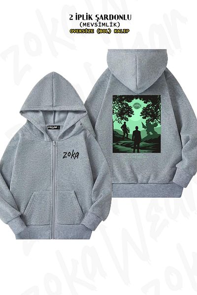 ZOKAWEAR Bioshock James Back Printed - Γκρι υπερμεγέθη ζακέτα με κουκούλα (2 κλωστές)