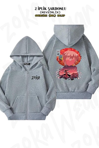 ZOKAWEAR Oversize Gintama Back Printed με φερμουάρ και κουκούλα γκρι ζακέτα (2 κλωστές)