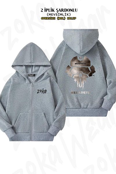 ZOKAWEAR Megadeth 1 Back Printed - Γκρι ζακέτα με κουκούλα με φερμουάρ (2 κλωστές)
