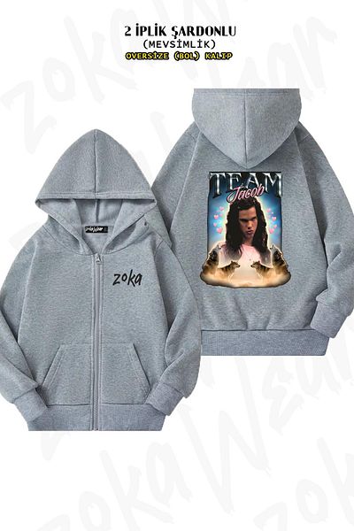 ZOKAWEAR Jacob Cursed Fan Collage Pattern - Γκρι υπερμεγέθη ζακέτα με κουκούλα (2 κλωστές)