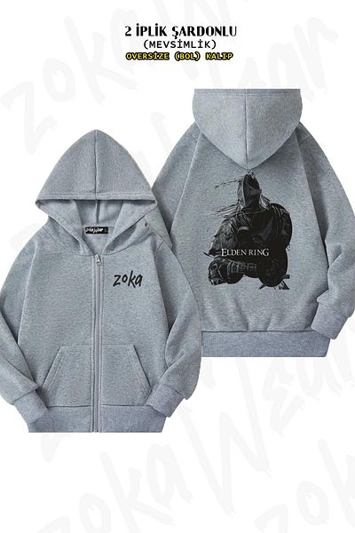 ZOKAWEAR Elden Ring Game Back Printed - Γκρι ζακέτα με κουκούλα με φερμουάρ (2 κλωστές)