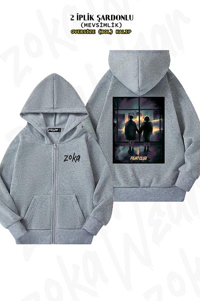 ZOKAWEAR Αφίσα Fight Club Tyler Durden - Γκρι ζακέτα με φερμουάρ και κουκούλα (2 κλωστές)