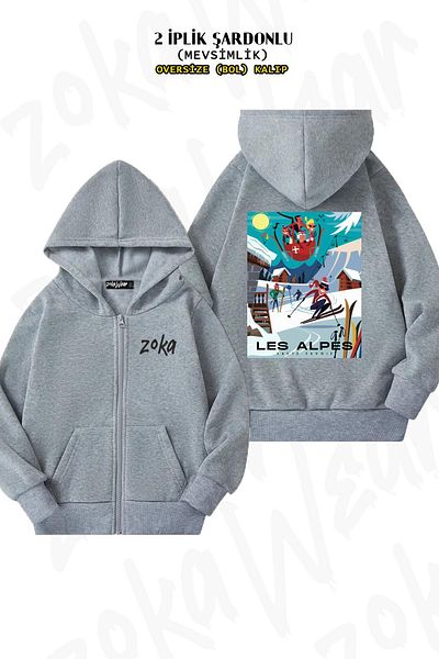 ZOKAWEAR Les Alpes Ski Grey Cardigan - Πίσω στάμπα, φερμουάρ, κουκούλα (2 κλωστές)