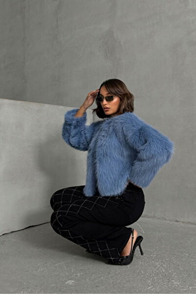 Caddebostan Moda Blue Women's Faux Fur Jacket Modern Premium Luxury Trend Design Coat